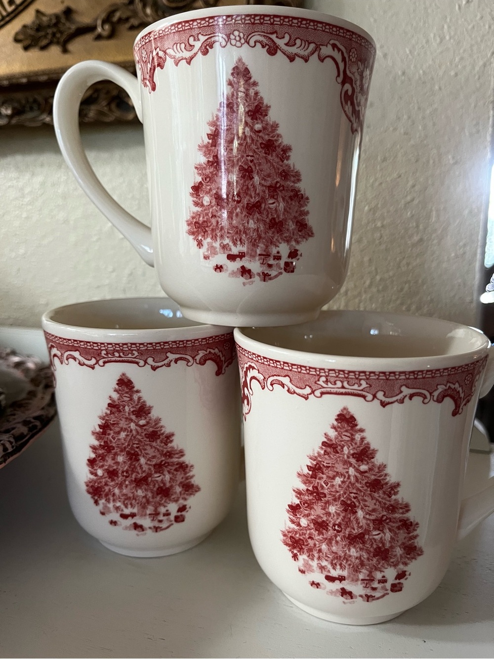 Made in England Transferware Christmas Tree Red and Cream Holiday Mug - Set of 3